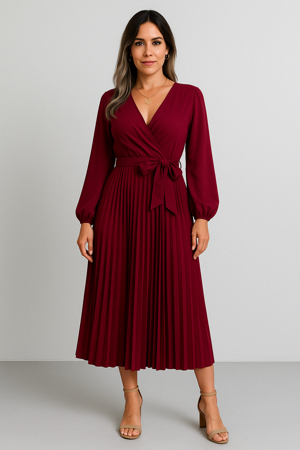 Riley™- Elegant V-Neck Pleated Maxi Dress.