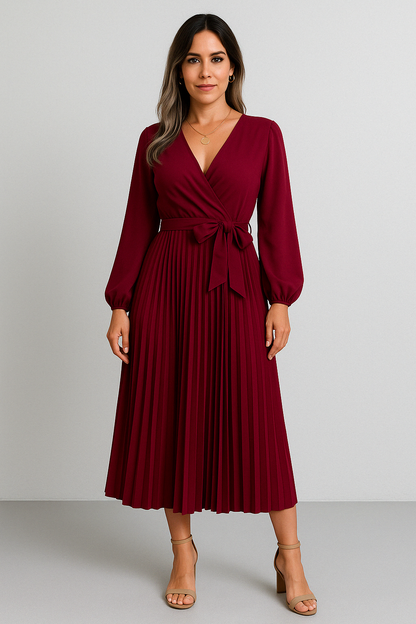 Riley™-  Elegant V-Neck Pleated Maxi Dress.