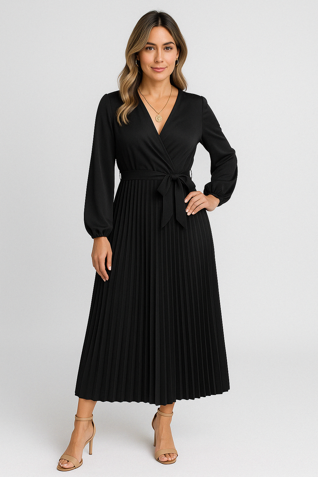 Riley™-  Elegant V-Neck Pleated Maxi Dress.