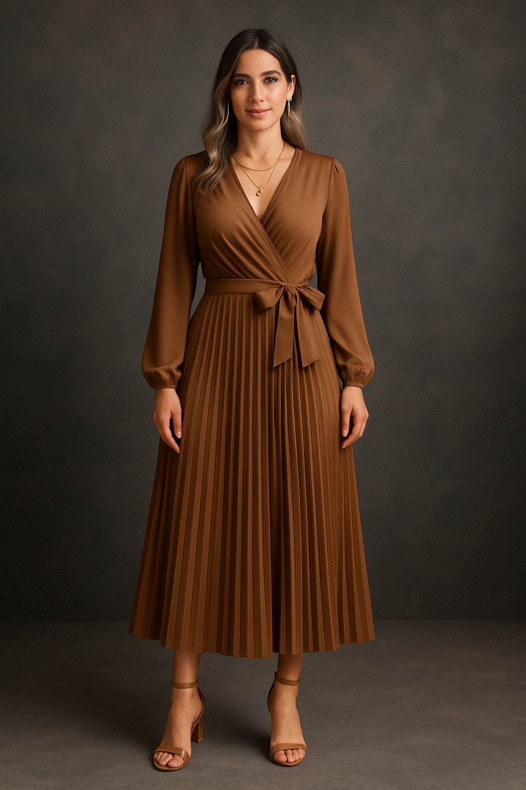 Riley™-  Elegant V-Neck Pleated Maxi Dress.