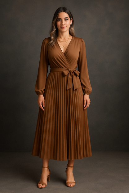 Riley™-  Elegant V-Neck Pleated Maxi Dress.