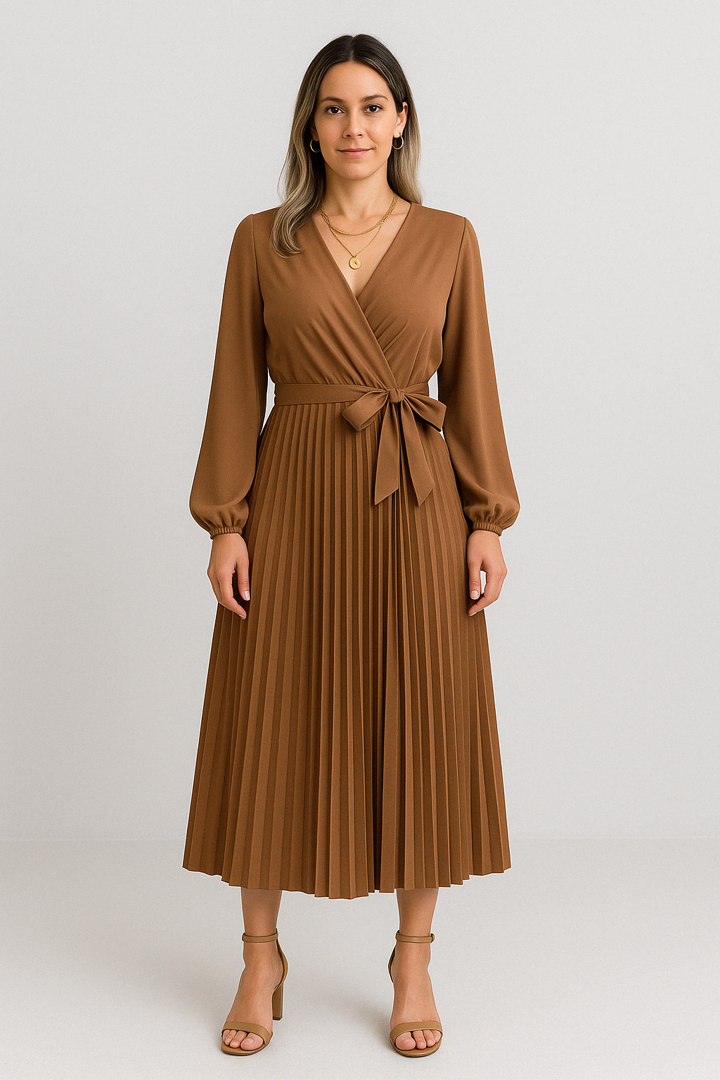 Riley™-  Elegant V-Neck Pleated Maxi Dress.