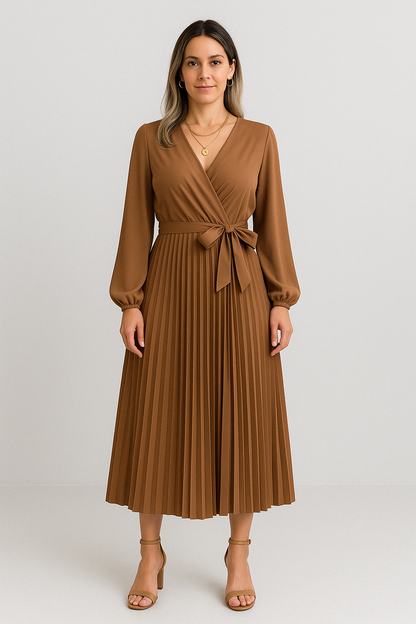 Riley™-  Elegant V-Neck Pleated Maxi Dress.
