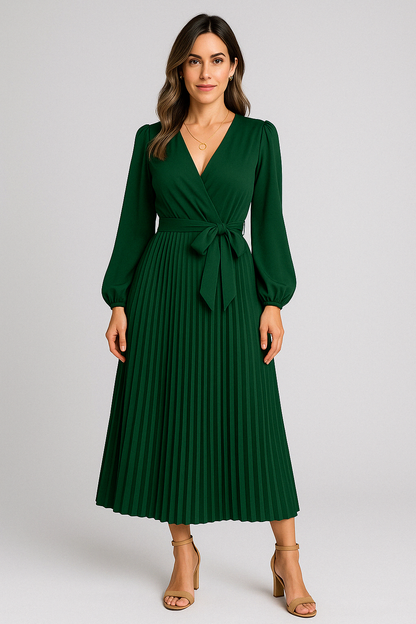 Riley™-  Elegant V-Neck Pleated Maxi Dress.