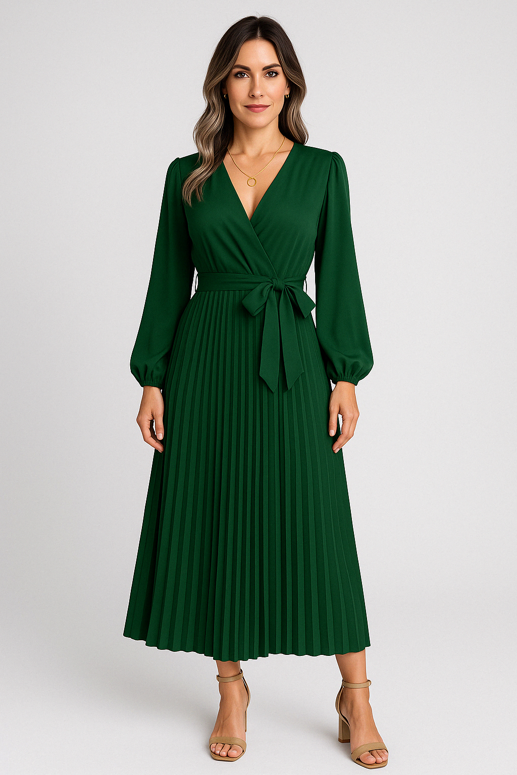 Riley™-  Elegant V-Neck Pleated Maxi Dress.