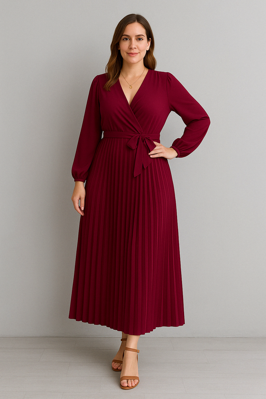 Riley™-  Elegant V-Neck Pleated Maxi Dress.
